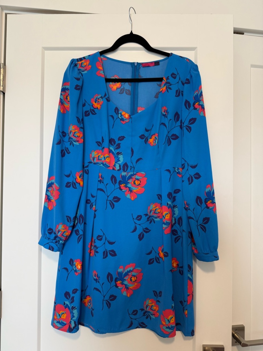 Bright Blue Long-Sleeve Floral Fit-and-Flare Dress